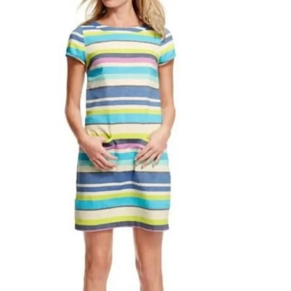 BODEN Verity Multi Striped Day Dress Cotton Blue Spring Size 4 - Picture 1 of 6